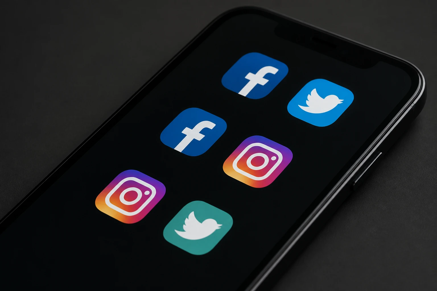 Smartphone met socialmedia-iconen, vastgehouden boven een donkere tafel