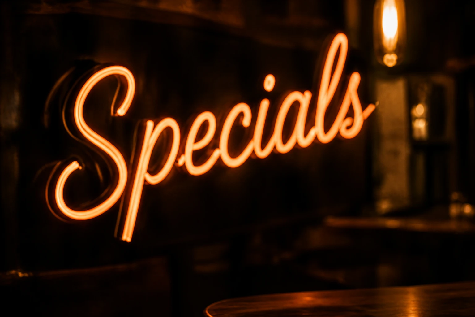 Oranje neonbord 'Specials' in een donker café-interieur