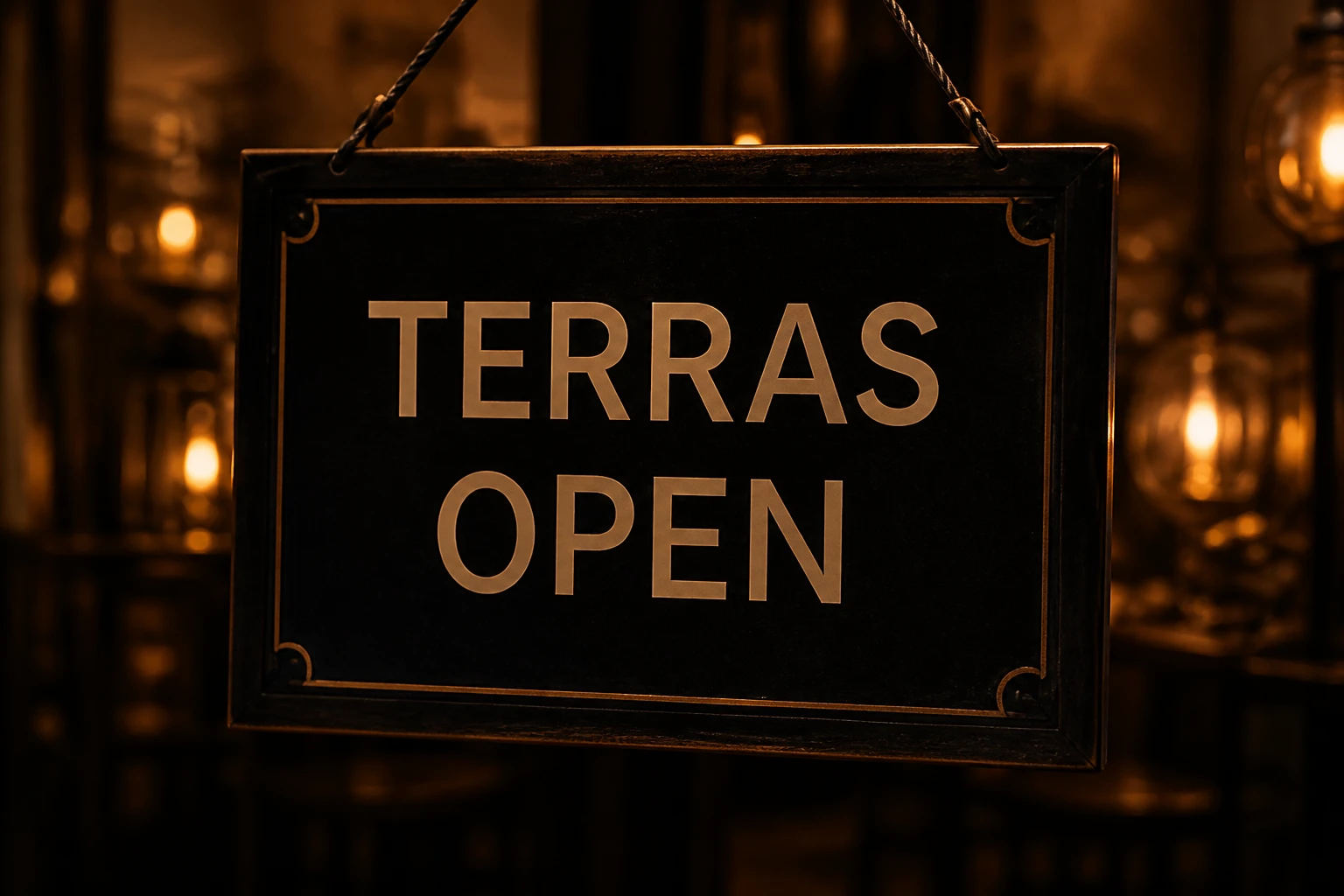 Hangend bord 'Terras open' in een sfeervol donker café met kaarslicht