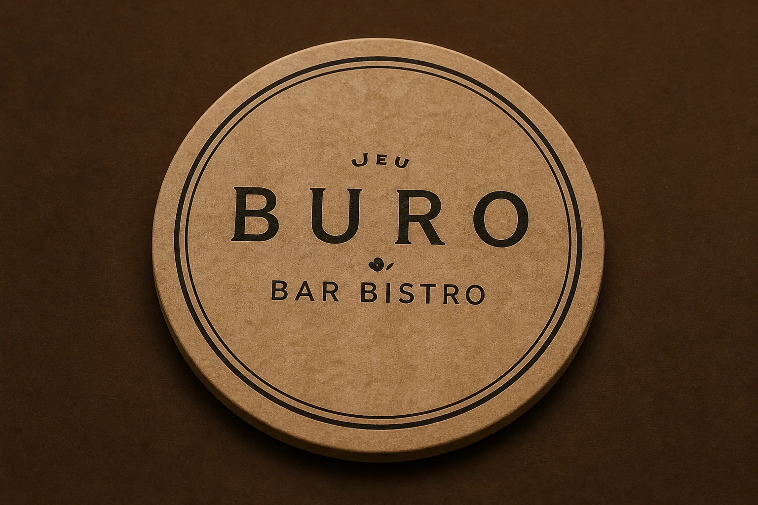 Ronde bierviltjes met het logo van Bar Bistro Buro op een donkere bar