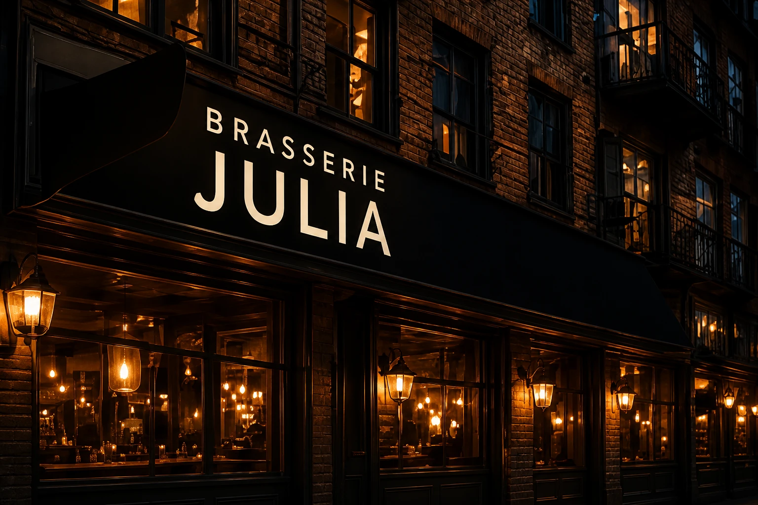 Gevel van Brasserie Julia bij avond, met warm verlichte belettering en lantaarns
