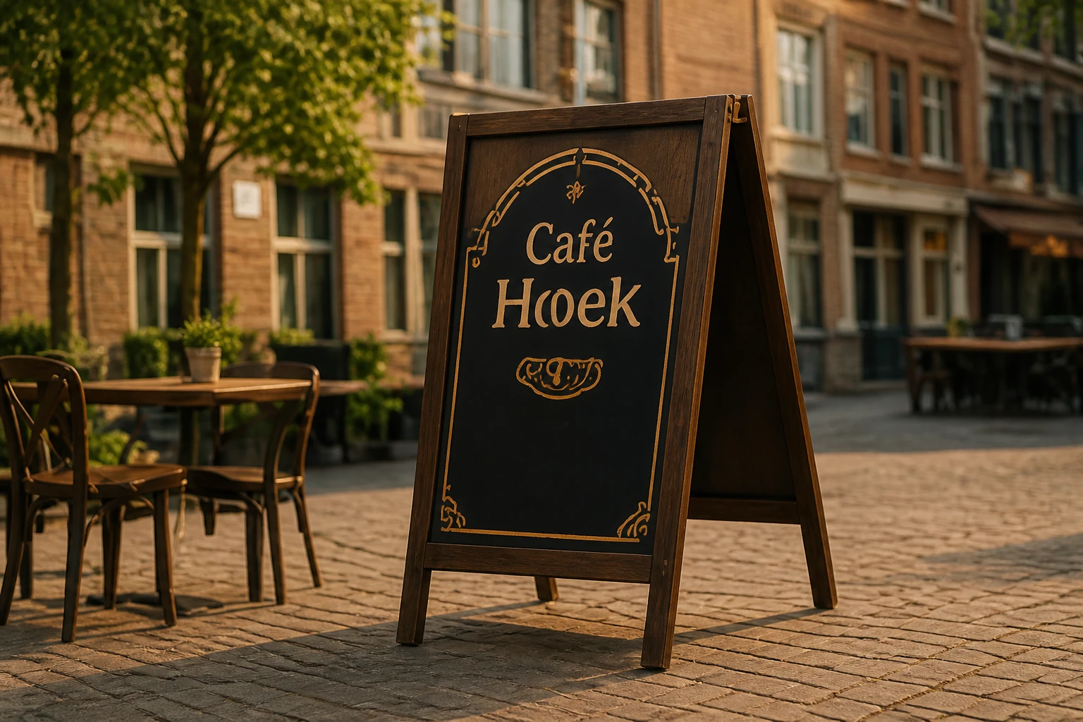 Krijtbord-stoepbord van Café De Hoek op straat, met terrasstoelen erachter