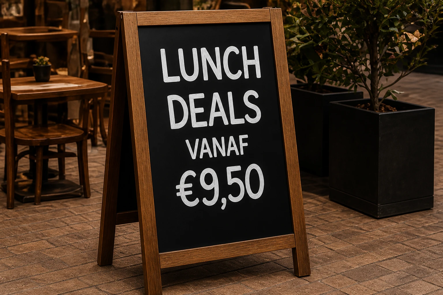 Stoepbord van Bar Bistro Zo met lunch deals vanaf €9,50 op een terras met planten
