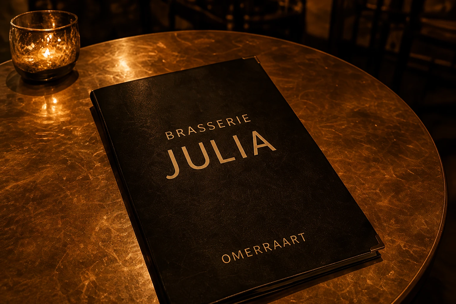 Leren menukaart van Brasserie Julia op een gouden bistrotafel, bij kaarslicht