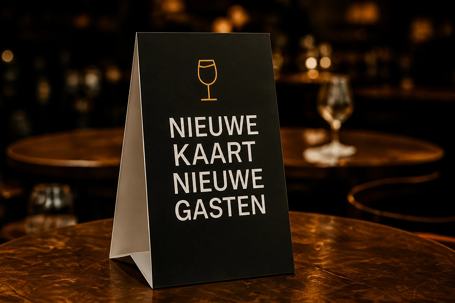 Tafelkaart van Eetcafé De Buren met de tekst Nieuwe kaart, nieuwe gasten, tussen wijnglazen