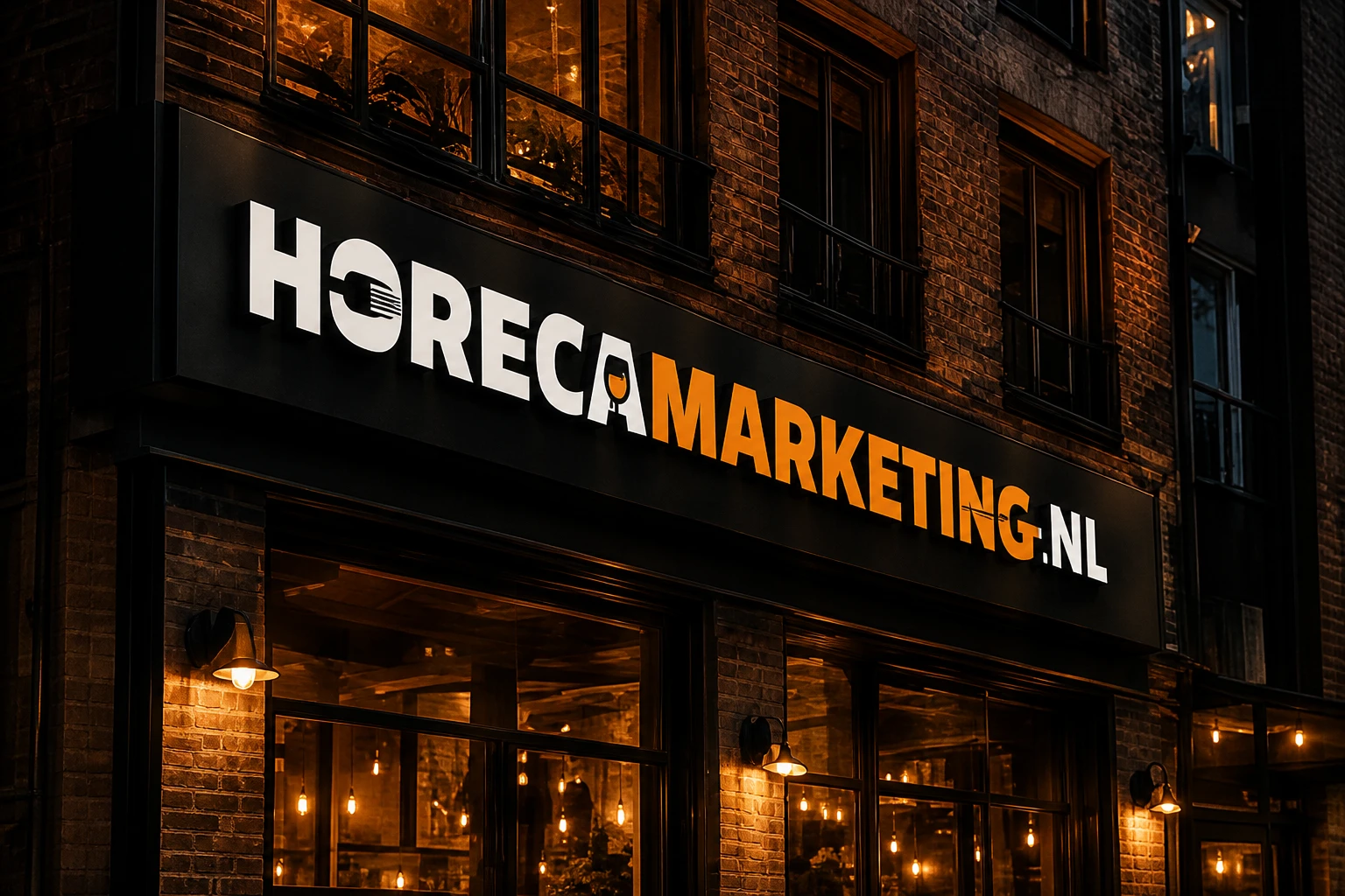 Verlichte gevel van Restaurant De Haven in de avond, met warme lichtreclame