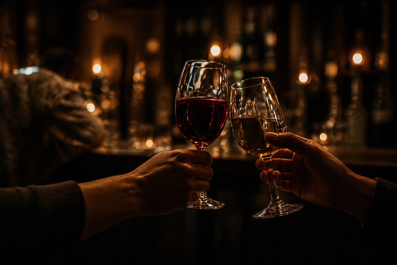 Handen die proosten met glazen rode wijn in een warm verlichte bar