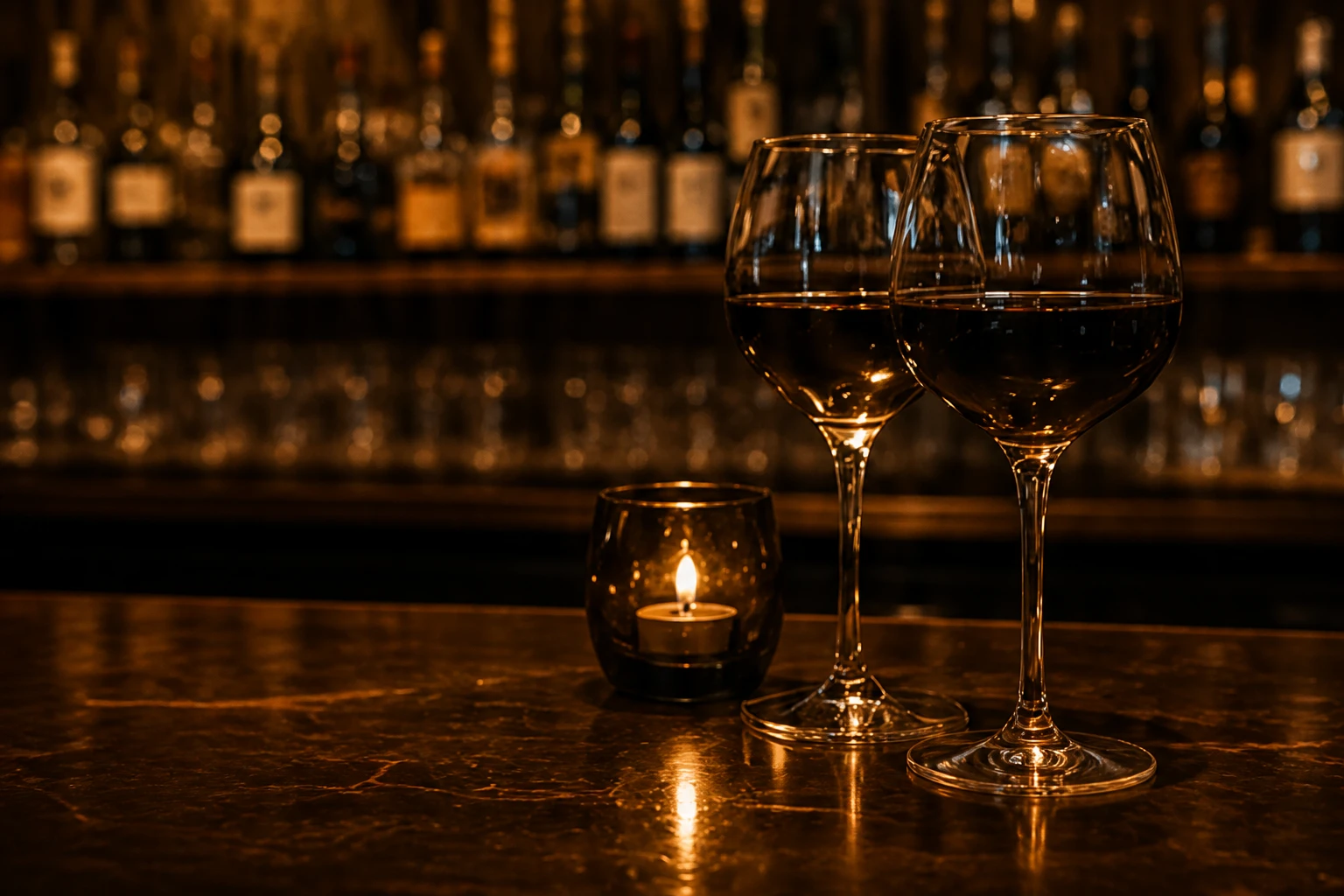 Twee glazen rode wijn en een brandende kaars op een donkere bar, flessen wazig op de achtergrond