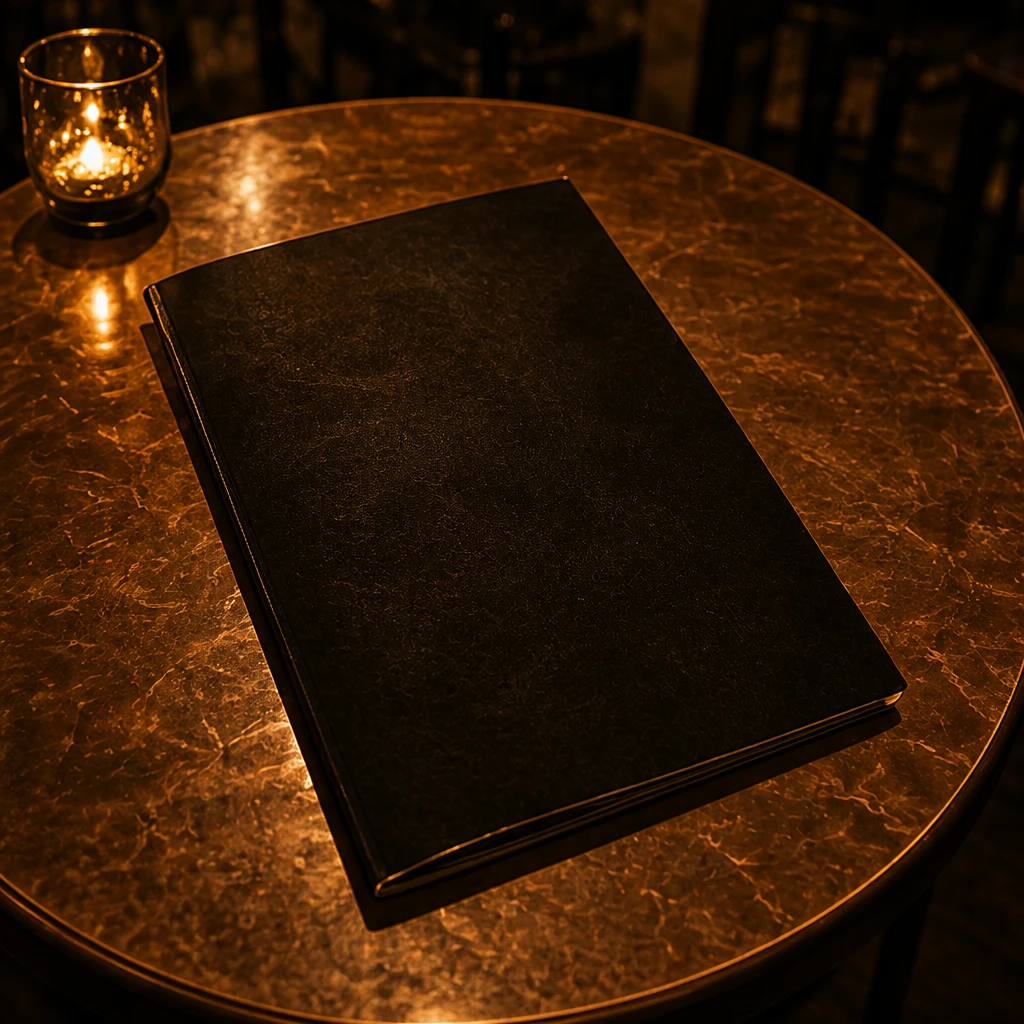 Donkere leren dinerkaart van Brasserie Julia op een ronde koperen tafel, bij kaarslicht