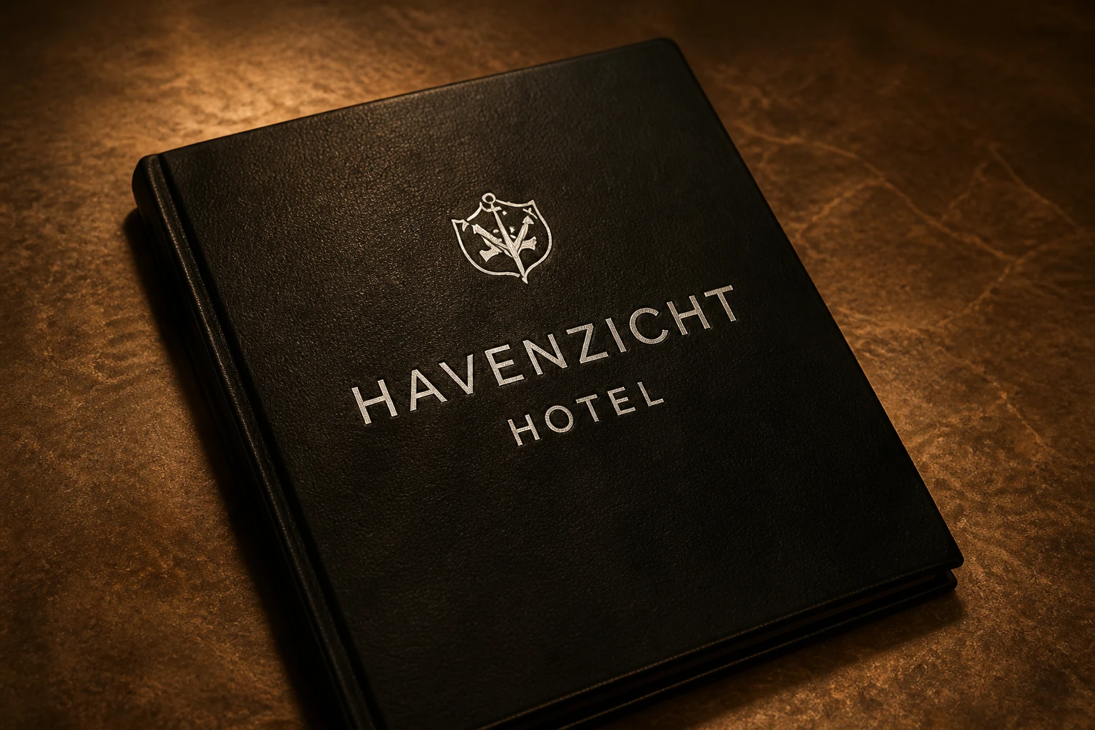 Leren menumap van Hotel Havenzicht op tafel, met het sfeervolle interieur op de achtergrond