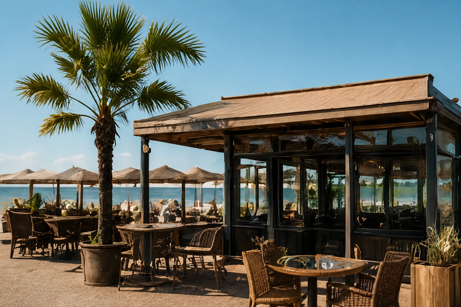 Strandpaviljoen Zout met palmboom en terrasstoelen aan het strand